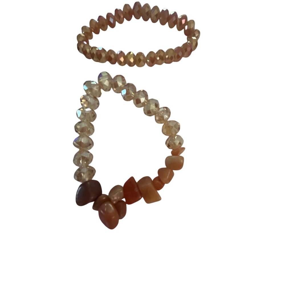 Champagne Iridescent Faceted Glass‎ and Natural Stone Chip Stretch Bracelet Set